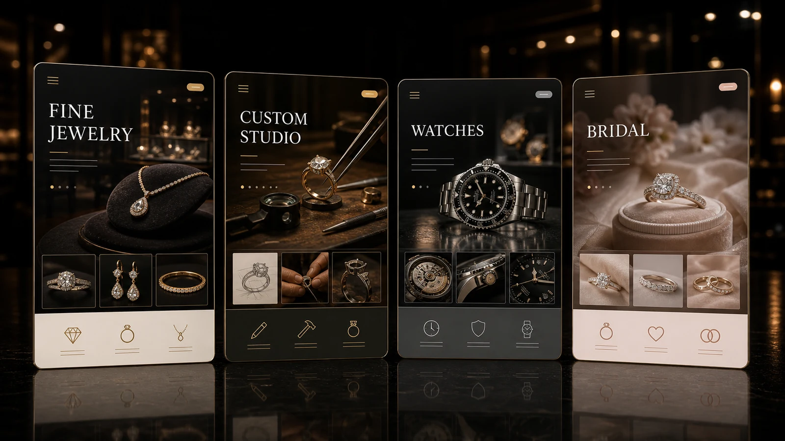 Premium jeweler website style directions for fine jewelry, custom studio, watches, and bridal brands