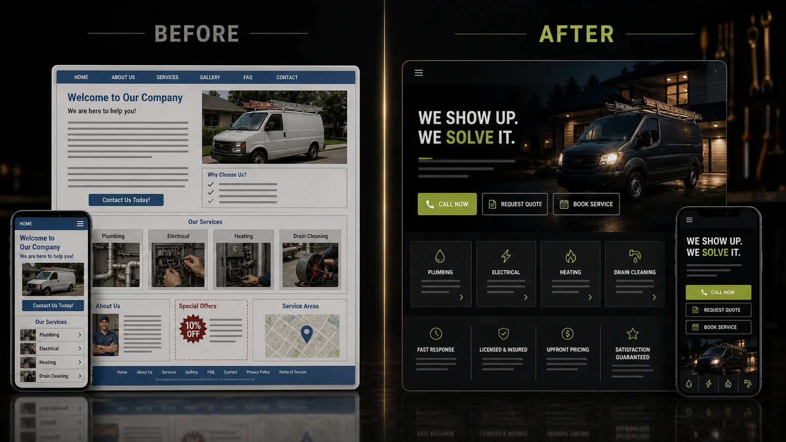 Before and after local service business website redesign preview