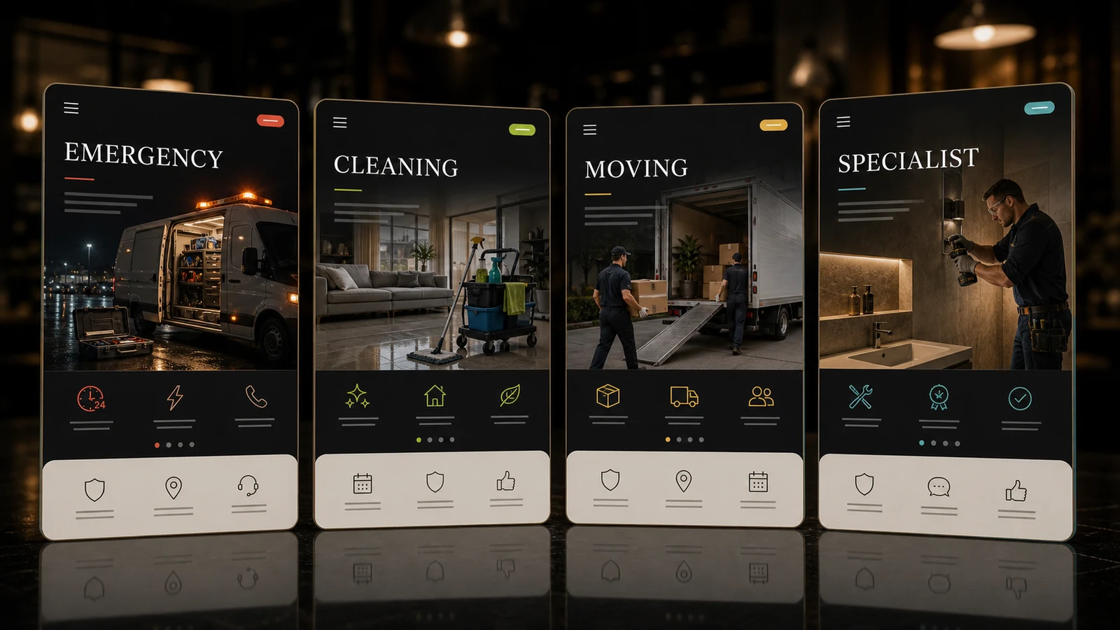 Premium local service website style directions for emergency repair, cleaning, moving, and specialist contractor businesses