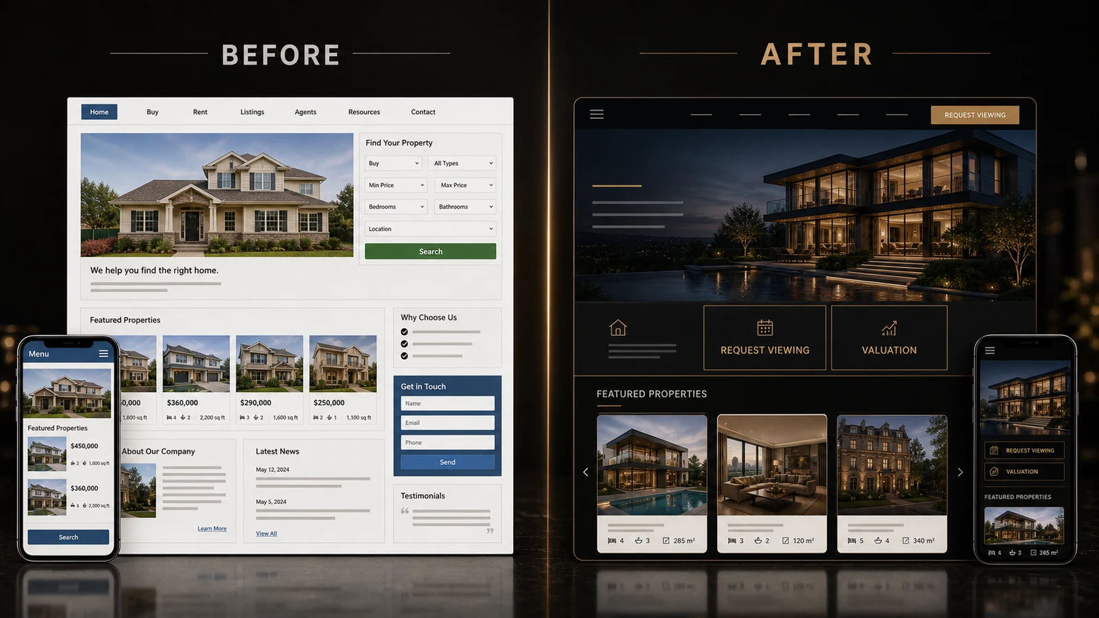 Before and after real estate agency website redesign preview