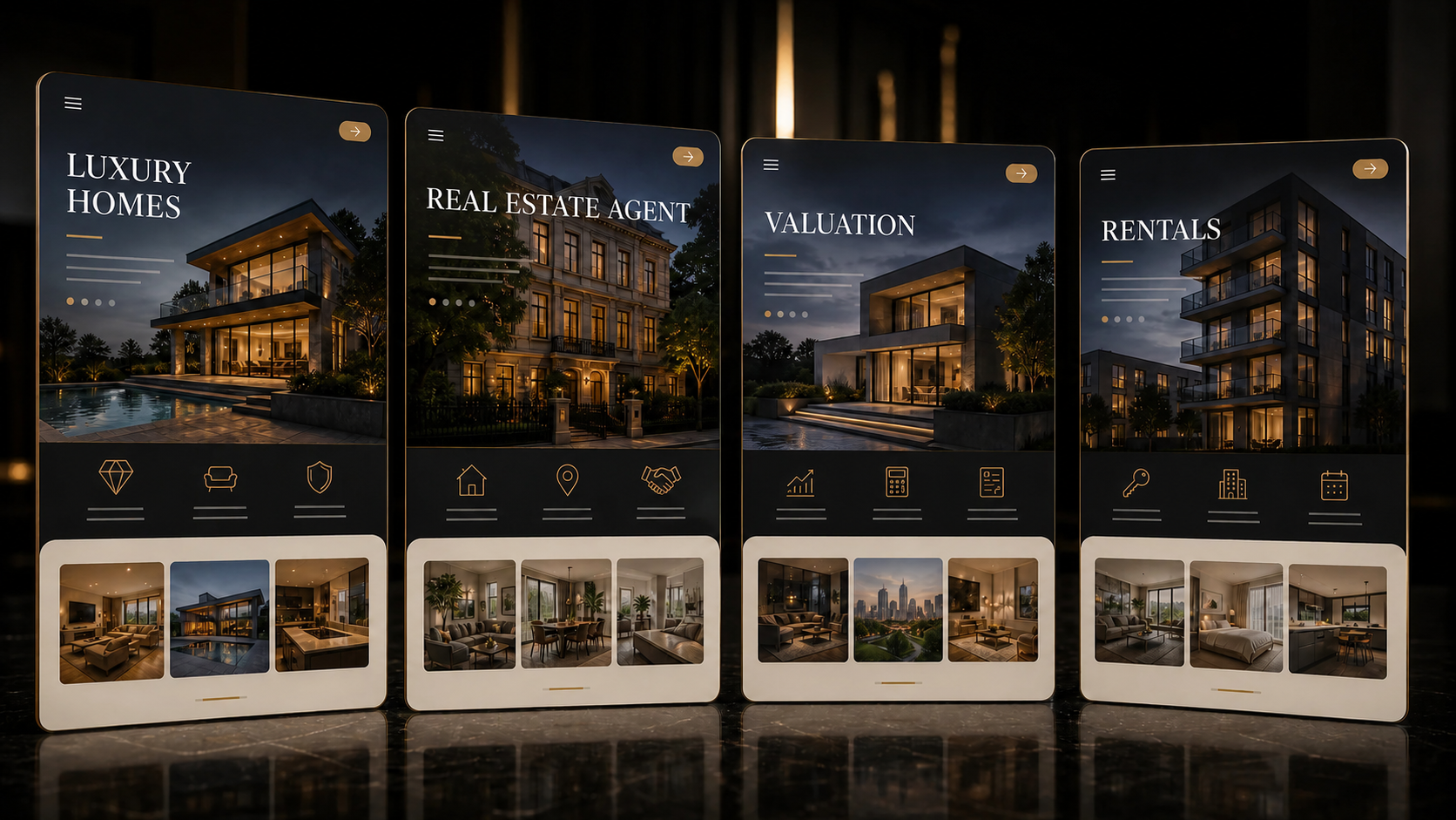 Premium real estate website style directions for luxury homes, local agencies, valuation, and rentals