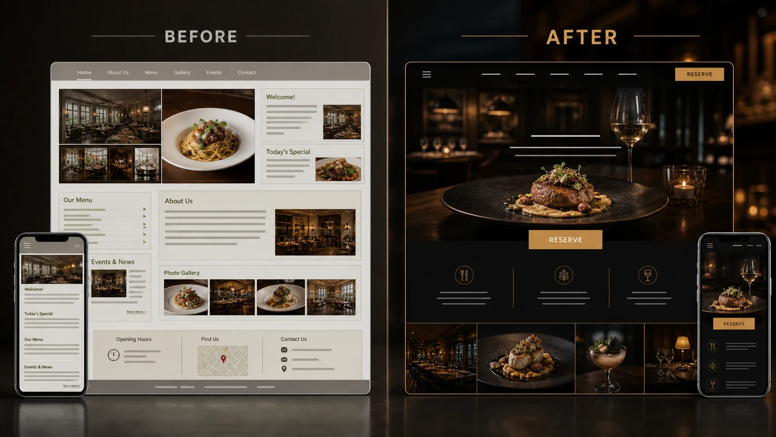 Before and after restaurant website redesign preview