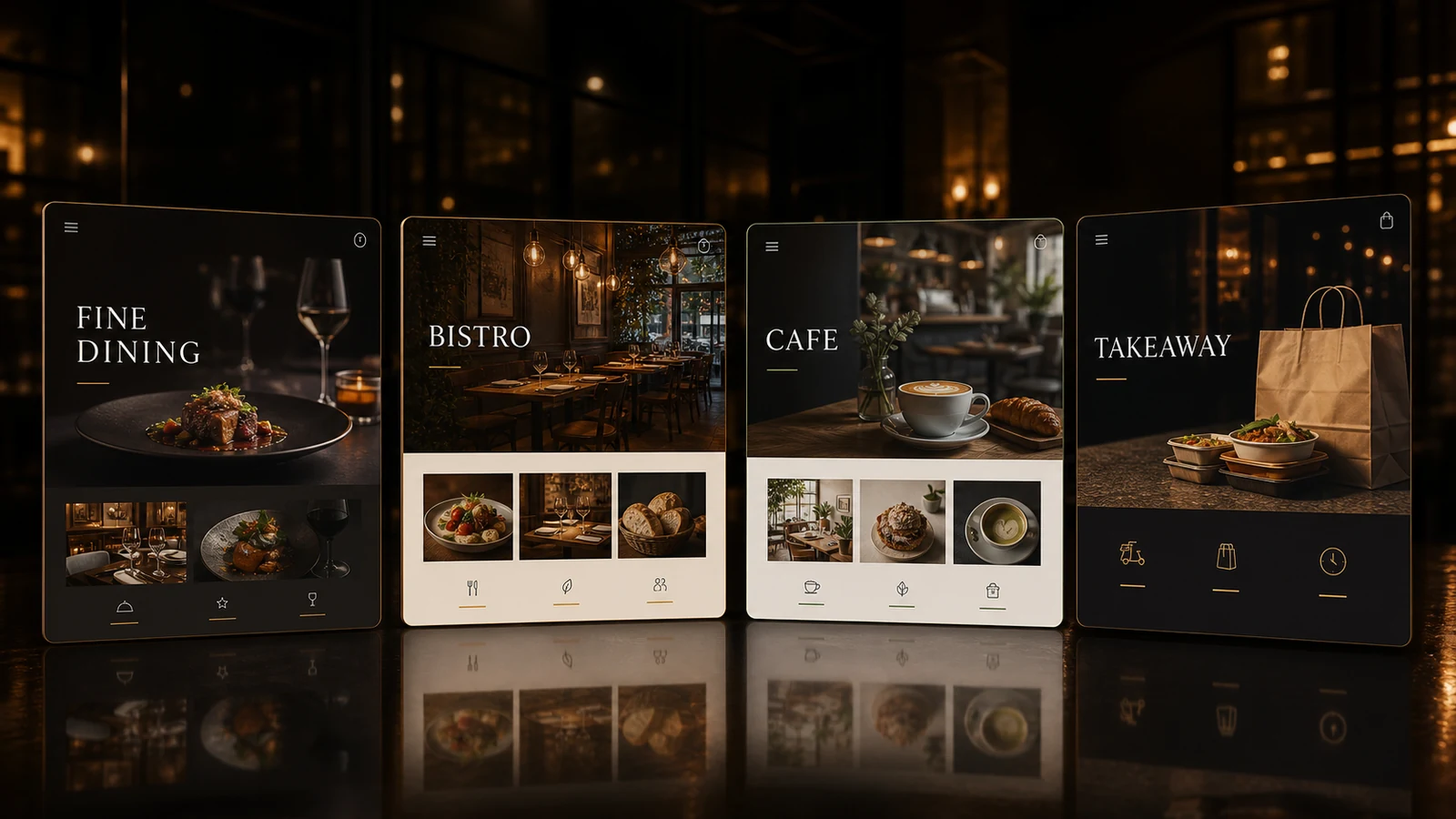 Premium restaurant website style directions for fine dining, bistro, cafe, and takeaway businesses